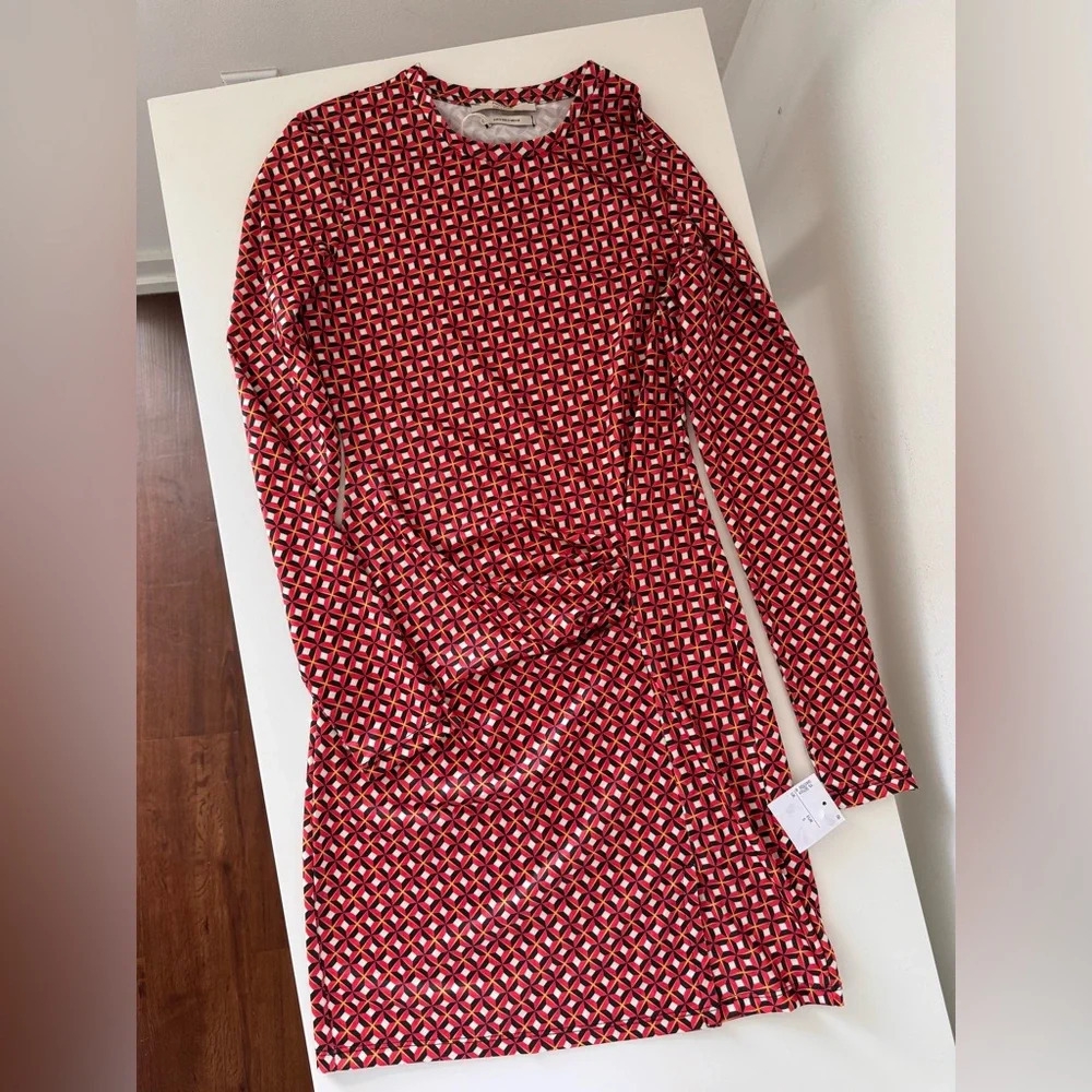 Pull&Bear Geometric Print Ruched Mini Dress Long Sleeve Red Black White Bodycon